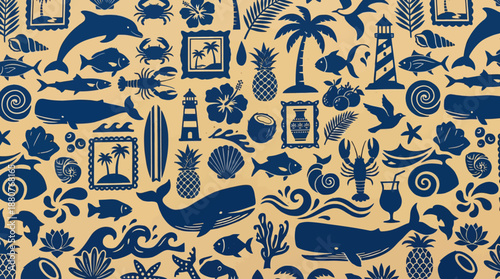 Blue nautical and tropical pattern featuring whales, dolphins, ships, anchors, compasses, palm trees, seashells and tropical fruits on a beige background