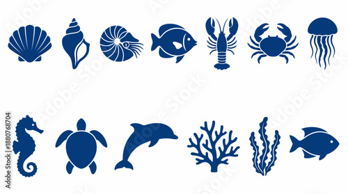 Blue vector silhouettes of marine life and shells featuring seahorse, turtle, dolphin, jellyfish, coral, seaweed, crabs and nautilus shells.