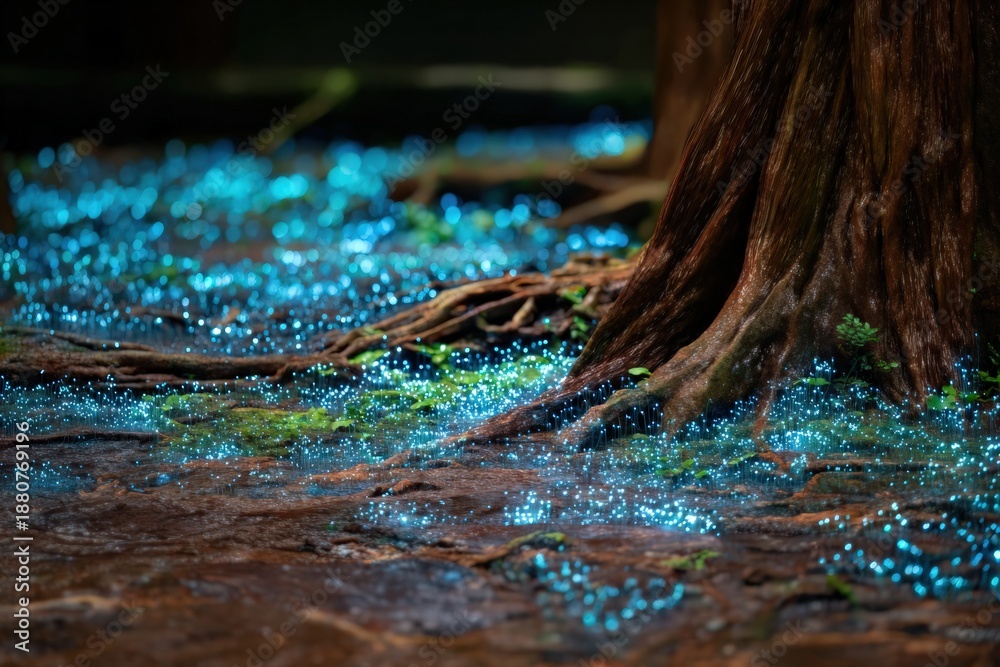 Fototapeta premium Enchanting bioluminescent forest floor at night