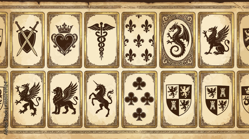 Row of medieval heraldic tiles showing coats of arms with lions, griffins, fleur-de-lis and other emblems
