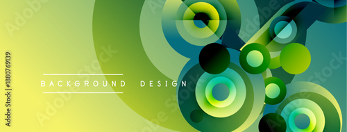 Abstract vibrant design features overlapping circles, curves. Yellow, green hues create dynamic visual effect. Modern background texture.
