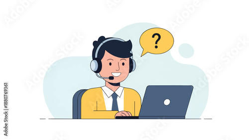 Friendly customer service agent with headset and laptop, offering support and answering questions with a question mark symbol.