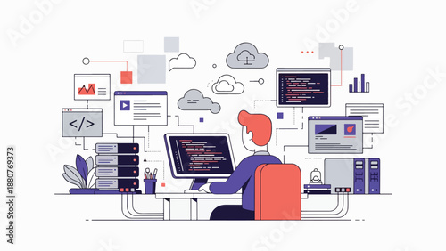 Man coding on computer surrounded by cloud services, servers and data flow diagrams