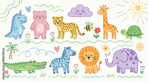 Colorful children's animal collage with friendly fantasy and safari creatures under a sunny rainbow sky