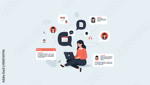 Woman working remotely on laptop, surrounded by social media and communication icons, illustrating online connectivity and digital interaction.