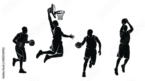 Silhouettes of Three Male Basketball Players in Dynamic Action Poses on Isolated White Background, Sports Concept