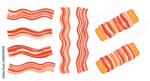 Delicious strips of fried bacon and crackers wrapped in bacon for breakfast food, snack, and appetizer illustration concepts.