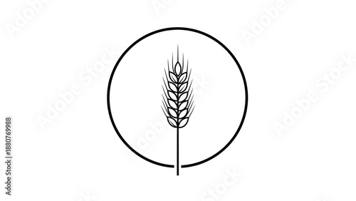 Simple Wheat Stalk Silhouette in Black Circle on Isolated White Background, Minimal Agricultural Icon