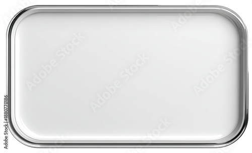 Glossy white rectangular shape with rounded corners, encased in a polished silver frame