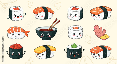Adorable collection of cute sushi characters with smiling faces along with a bowl of soy sauce, ginger, wasabi, and chopsticks.