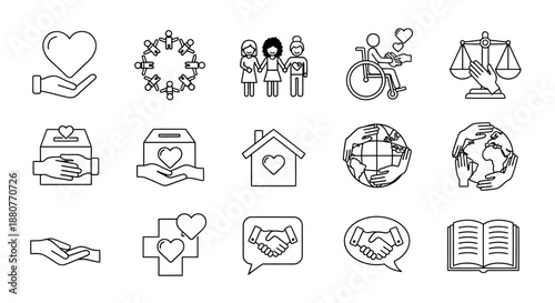 Black and white line icons of charity and helping.