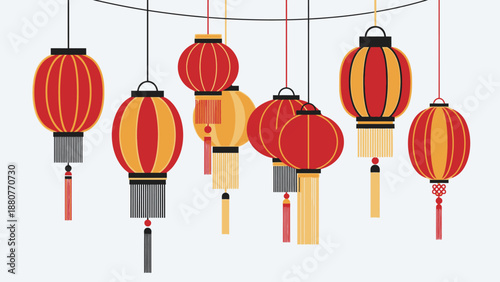 Festive Red and Yellow Chinese Lanterns Hanging Decorations in Bright Studio