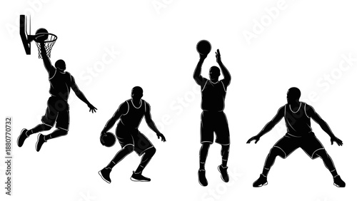 Dynamic Male Basketball Players Silhouettes in Action, Shooting and Dribbling on Isolated White Background