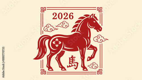Chinese New Year 2026 Red Horse Zodiac Symbol with Clouds and Traditional Border on Light Background