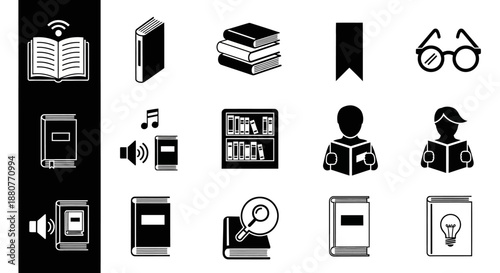 Black icons of books and gadgets.