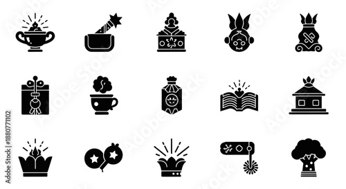 Black icons of crowns and objects.