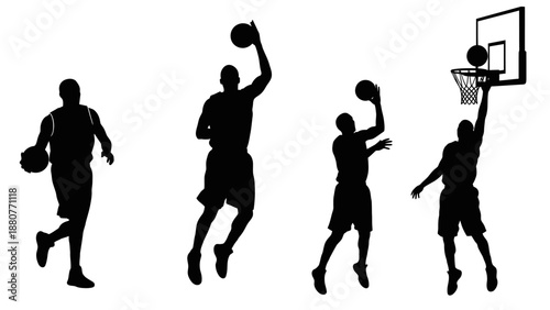Silhouettes of male basketball players actively playing and shooting hoops, isolated white background.
