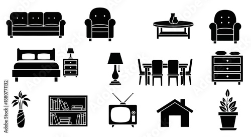Black icons of home furniture set.