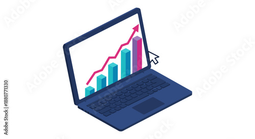 business growth chart on laptop screen showing increasing financial data analysis for digital strategy and online success presentations