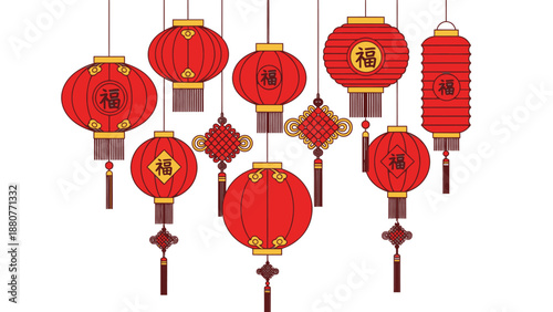 Group of Red Chinese Lanterns with Fu Character and Tassels, Traditional Holiday Decoration, isolated white background.