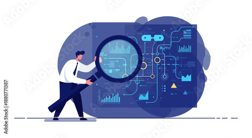 businessman performing thorough data analysis on a digital interface using a magnifying glass to gain strategic insights for market research and business growth planning