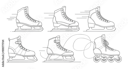 Collection of various ice skates and inline skates shown in a clean black and white outline style for sports and fitness graphics.