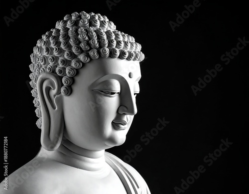A serene black and white portrait of a Buddha statue. Focused on the face and upper torso, evoking peace with soft lighting