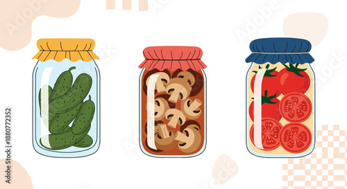 Three glass jars filled with preserved cucumbers, mushrooms, and tomatoes displayed together on an abstract beige and white background.