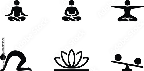 Collection of simple black silhouette icons representing meditation yoga lotus flower and balance scales isolated on transparent background