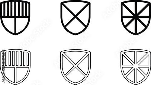 Collection of six distinct heraldic shield symbols featuring graphic designs and bold outlines against a clean backdrop