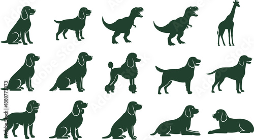 Collection of fifteen animal silhouettes featuring dogs, giraffe, and dinosaurs arranged in rows highlighting diverse wildlife, pets, and prehistoric design concepts