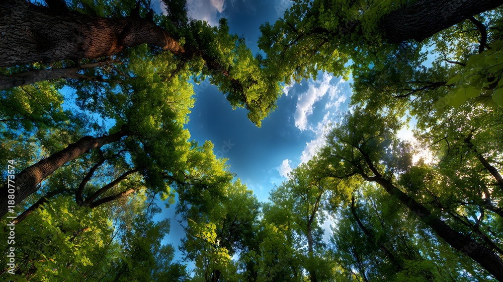 Fototapeta premium Heart-shaped opening in forest canopy revealing cloudy blue sky, perfect for nature blogs, environmental campaigns