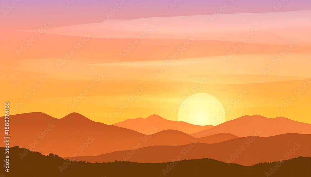 Obraz premium A serene panoramic vista. Mountains form the silhouette against a gradient sky, with the sun setting, casting warm orange light