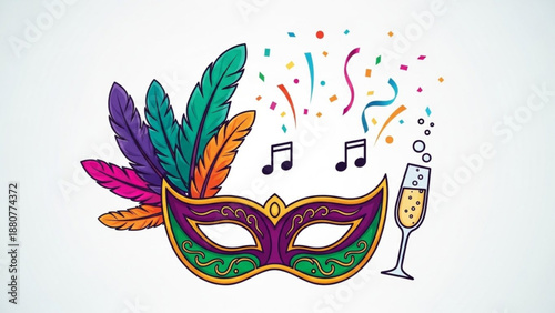 Mardi gras mask with feathers music notes and champagne