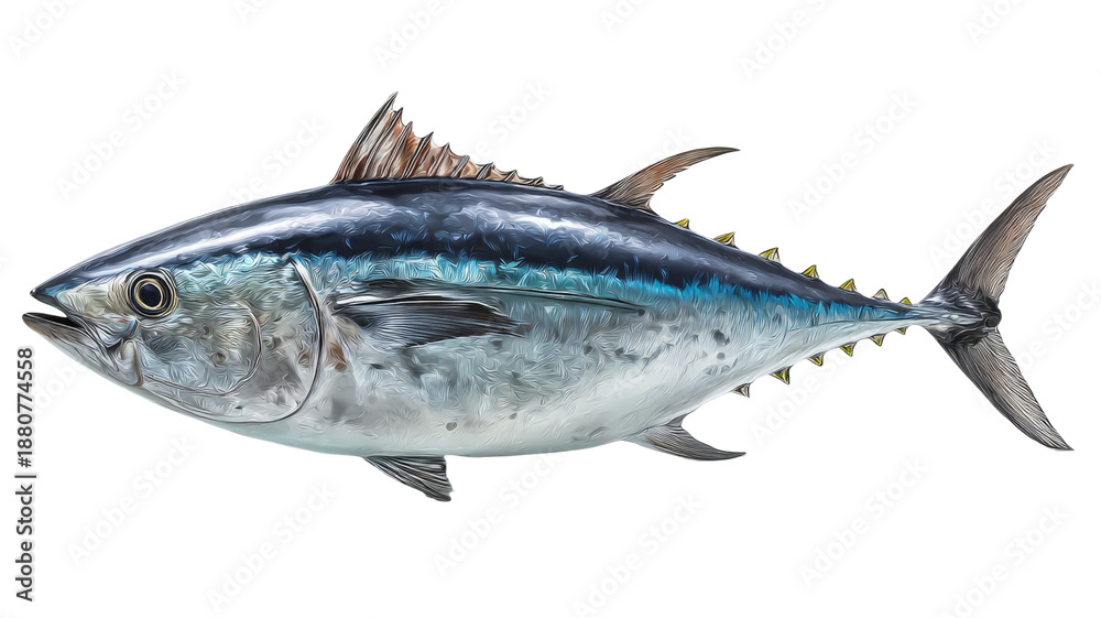 Fototapeta premium Fresh raw mackerel fish isolated on white background is a healthy seafood ingredient and natural freshwater catch featuring silver scales, fins, and tail for a delicious meal