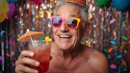 Playful portrait of an older man wearing funky sunglasses and a party hat, laughing loudly while holding a drink. Bright decorations and confetti around, showing that age doesn’t stop having fun.