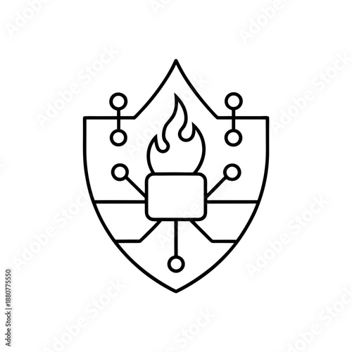 Shield with flame and circuit board design on transparent background silhouette