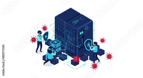 cybersecurity professionals in virtual reality actively shield server infrastructure from virus threats illustrating digital data protection.
