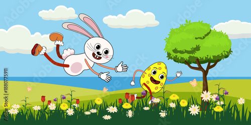 Easter egg hunt banner, bunny hunting for egg. Spring meadow, city park, landscape
