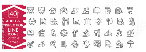 Audit and inspection icons set, quality control, compliance, checklist, verification, assessment, evaluation, business process, management, professional design editable stroke vector Illustration 