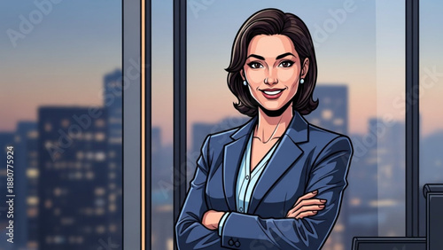 Confident businesswoman standing by office window with city skyline