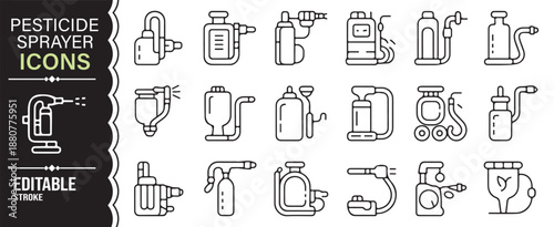 Pesticide sprayer and gardening equipment icons set editable style