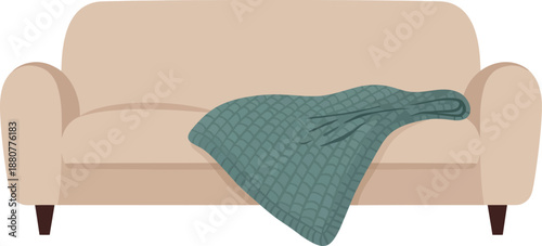 Cozy Beige Sofa with Teal Knitted Throw Blanket Illustration Isolated wfh