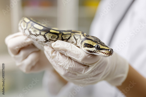 A veterinarian is wearing protective gloves, carefully handling a snake during an examination in an exotic animal clinic