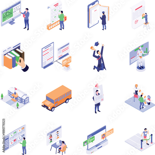 Collection of Education and Learning Isometric Style Icons 