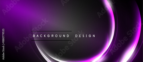 Abstract purple design. Glowing lines create circular shapes over dark background. Text reads background design. Modern, sleek aesthetic.