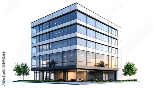 Modern office building with large glass windows and surrounding greenery in a bright setting