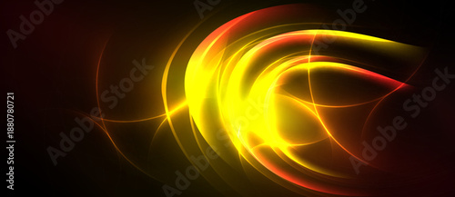 Bright abstract swirls, vibrant yellow, red hues. Dynamic energy radiates from dark background. Smooth curves create flowing design.