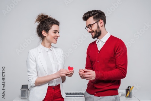Two coworkers exchanging small heart shaped note, Modern office valentine concept