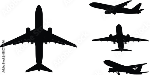 Commercial airplane silhouette set, aircraft views, aviation design, flight icon collection, black transport illustration, multiple angles shown, flat vector
